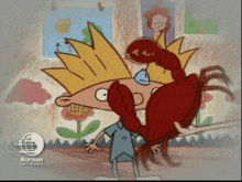 a cartoon character from the nicktoons network stands in front of a shelf of books
