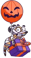 a cartoon of a mummy holding a pumpkin balloon and a gift