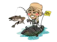 a cartoon of a man on a boat fishing with a yellow flag that says ' fishing stick ' on it