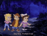 three pigs in a cartoon saying stay here