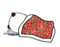 a cartoon of a bear sleeping under a floral blanket