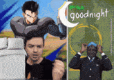 a man in a suit stands in front of a poster that says " goodnight "