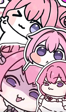 a drawing of a girl with pink hair and purple eyes is surrounded by other drawings
