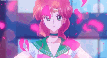a girl with pink hair and green eyes is standing in front of a wall with pink petals falling from the sky .