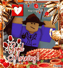 a picture of a roblox character that says good morning on it