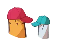 a cartoon drawing of a man wearing a red hat and a blue hat