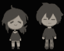 a black and white pixel art of a boy and a girl with their eyes closed