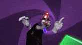 a cartoon character wearing a wizard hat points at the camera