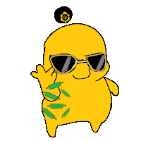 a yellow cartoon character wearing sunglasses and a coin on his head