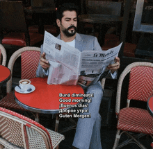 a man sits at a table reading a newspaper with the headline " le monde "