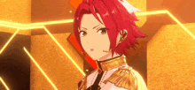 a close up of a red haired anime character wearing a gold armor and a microphone .