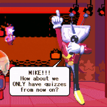 a pixel art drawing of a robot talking to mike