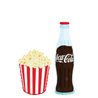 a bottle of coca cola sits next to a striped bucket of popcorn