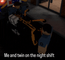 a cartoon of a police officer and an ambulance with the words me and twin on the night shift