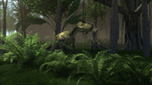 a couple of dinosaurs are standing in a forest