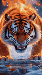 a painting of a tiger surrounded by flames and ice