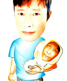 a man in a blue shirt is holding a baby in his arms .