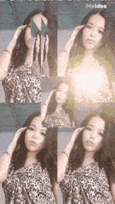 a woman in a leopard print dress is holding a mirror over her face