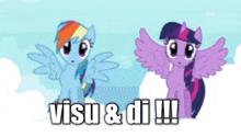 two ponies , rainbow dash and twilight sparkle , are standing next to each other in the sky .