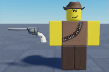 a roblox character wearing a cowboy hat is holding a revolver