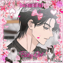 a picture of a man with a bow on his head with the words beautiful baby girl