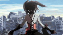 a girl in a corset stands in front of a cityscape