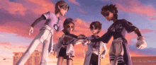 a group of cartoon characters are standing next to each other and holding hands .