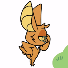 a cartoon drawing of an orange rabbit with horns and glasses