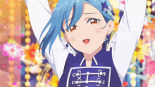 a girl with blue hair is wearing a blue shirt that says ' i ' on it