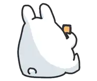 a cartoon rabbit is sitting down and holding a piece of food .