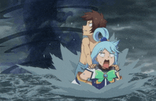 a boy and a girl are in the water and the girl is making a surprised face