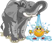 a cartoon elephant pouring water on a smiley face
