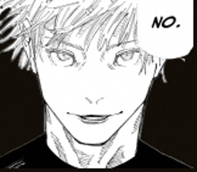 a black and white drawing of a man with a speech bubble that says `` no '' .