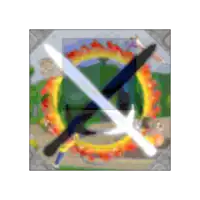 two swords are crossed in a circle of fire