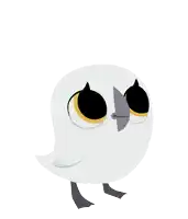 a cartoon drawing of a small white bird with black eyes