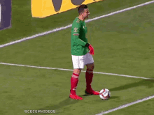 a soccer player in a green shirt and red socks is kicking a ball on the field