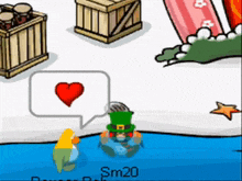 a cartoon character with a green hat and a red heart in a speech bubble says sm20