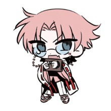 a cartoon drawing of a girl with pink hair holding a book