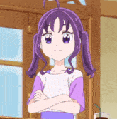 a girl with purple hair stands with her arms crossed in front of a window