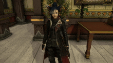 a video game character is standing in a room with a table