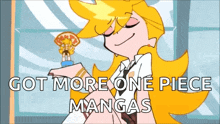 a cartoon of a girl holding a trophy with the words got more one piece mangas on the bottom