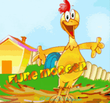a cartoon chicken is standing in front of a house with the words fijne morgen written below it