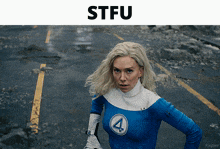 a woman in a superhero costume with the word stfu on the top