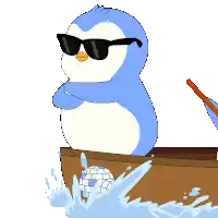a blue and white penguin wearing sunglasses is sitting in a boat
