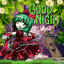 a picture of a girl in a red dress with the words good night