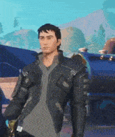 a man in a futuristic jacket is standing in front of a train .