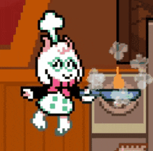 a pixel art drawing of a cat wearing a chef 's hat and glasses holding a frying pan .