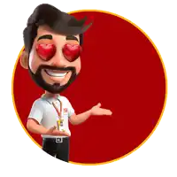 a man with a beard has hearts in his eyes and the letter m is behind him