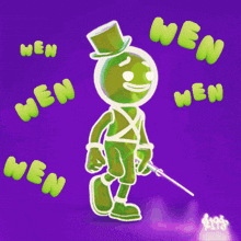a cartoon character with a top hat is holding a pen and the word nen is surrounded by green letters