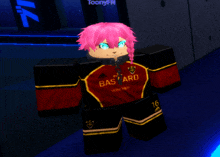 a girl with pink hair is wearing a red shirt that says bastard on it